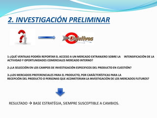 2. INVESTIGACIÓN PRELIMINAR
1-¿QUÉ VENTAJAS PODRÍA REPORTAR EL ACCESO A UN MERCADO EXTRANJERO SOBRE LA INTENSIFICACIÓN DE LA
ACTIVIDAD Y OPORTUNIDADES COMERCIALES MERCADO INTERNO?
2-¿LA SELECCIÓN EN LOS CAMPOS DE INVESTIGACIÓN ESPECIFICOS DEL PRODUCTO EN CUESTIÓN?
3-¿LOS MERCADOS PREFERENCIALES PARA EL PRODUCTO, POR CARÁCTERÍSTICAS PARA LA
RECEPCIÓN DEL PRODUCTO O PERSONAS QUE ACOMETERIAN LA INVESTIGACIÓN DE LOS MERCADOS FUTUROS?
RESULTADO  BASE ESTRATÉGIA, SIEMPRE SUSCEPTIBLE A CAMBIOS.
 