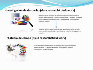 •Investigación de despacho (desk research/ desk work)
Derivada de los informes de análisis estadísticos sobre comercio
exterior de organismos e instituciones públicas y privadas. Sirve para
hacer una selección de mercados y para preparar el terreno para
próximos análisis.
Situación política, social y económica, la evolución de las variables
macro y micro-económicas y las relaciones entre los otros países en
estudio.
•Estudio de campo ( field research/field work)
De los agentes que intervienen en el propio mercado (compradores,
puntos de venta..) y permite acceder al conocimiento, hábitos,
motivaciones, imagen del país.
 