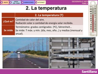 GEOGRAFÍA E HISTORIA 1.º ESO
TEMA 4
INICIOINICIO
MAPA
DEL TEMA
MAPA
DEL TEMA
ANIMACIONESANIMACIONES INTERNETINTERNET
2. La temperatura
2. La temperatura (T)
¿Qué es?
Cantidad de calor del aire.
Radiación solar o cantidad de energía solar recibida.
Se mide
Termómetro: grados centígrados (ºC), fahrenheit…
Se mide: T máx. y mín. (día, mes, año…) y medias (mensual y
anual).
 