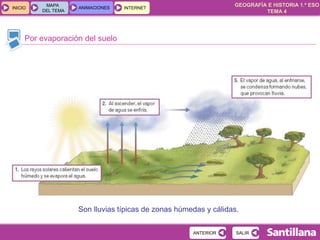 GEOGRAFÍA E HISTORIA 1.º ESO
TEMA 4
INICIOINICIO
MAPA
DEL TEMA
MAPA
DEL TEMA
ANIMACIONESANIMACIONES INTERNETINTERNET
Por evaporación del suelo
SALIRSALIRANTERIORANTERIOR
Son lluvias típicas de zonas húmedas y cálidas.
 