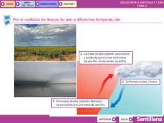 GEOGRAFÍA E HISTORIA 1.º ESO
TEMA 4
INICIOINICIO
MAPA
DEL TEMA
MAPA
DEL TEMA
ANIMACIONESANIMACIONES INTERNETINTERNET
Por el contacto de masas de aire a diferentes temperaturas
SALIRSALIRANTERIORANTERIOR
 