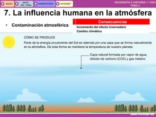 GEOGRAFÍA E HISTORIA 1.º ESO
TEMA 4
INICIOINICIO
MAPA
DEL TEMA
MAPA
DEL TEMA
ANIMACIONESANIMACIONES INTERNETINTERNET
• Contaminación atmosférica
Consecuencias
Incremento del efecto invernadero
Cambio climático
7. La influencia humana en la atmósfera
 