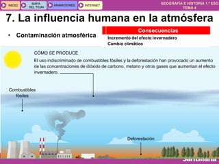 GEOGRAFÍA E HISTORIA 1.º ESO
TEMA 4
INICIOINICIO
MAPA
DEL TEMA
MAPA
DEL TEMA
ANIMACIONESANIMACIONES INTERNETINTERNET
• Contaminación atmosférica
Consecuencias
Incremento del efecto invernadero
Cambio climático
7. La influencia humana en la atmósfera
 