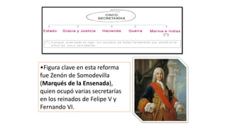 •Figura clave en esta reforma
fue Zenón de Somodevilla
(Marqués de la Ensenada),
quien ocupó varias secretarías
en los reinados de Felipe V y
Fernando VI.
 