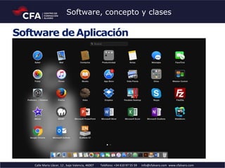 Software deAplicación
Calle Maria Llàcer, 12 , bajo Valencia, 46007 Teléfono: +34 610 97 55 59 info@cfalvaro.com www.cfalvaro.com
Software, concepto y clases
 