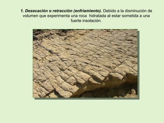 1. Desecación o retracción (enfriamiento). Debido a la disminución de
volumen que experimenta una roca hidratada al estar sometida a una
fuerte insolación.
 