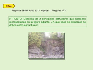 EBAU
[1 PUNTO] Describa las 2 principales estructuras que aparecen
representadas en la figura adjunta. ¿A qué tipos de esfuerzos se
deben estas estructuras?
Pregunta EBAU Junio 2017. Opción 1. Pregunta nº 7.
 