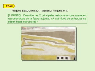 EBAU
Pregunta EBAU Junio 2017. Opción 2. Pregunta nº 7.
[1 PUNTO] Describe las 2 principales estructuras que aparecen
representadas en la figura adjunta. ¿A qué tipos de esfuerzos se
deben estas estructuras?
 