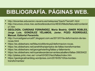  http://docentes.educacion.navarra.es/metayosa/1bach/Tierra91.html
 http://recursos.cnice.mec.es/biosfera/alumno/4ESO/MedioNatural2/contenid
o1.htm
 GEOLOGÍA. CARENAS FERNÁNDEZ, María Beatriz. GINER ROBLES,
Jorge Luis. GONZÁLEZ YÉLAMOS, Javier. POZO RODRÍGUEZ,
Manuel. Editorial Paraninfo.
 http://nuncadigasnunca97.blogspot.com.es/2013/01/la-deformacion-de-las-
rocas.html
 https://es.slideshare.net/MauricioMontoya2/deformacion-rocas.
 https://es.slideshare.net/zarethitha/ejemplos-de-fallas-transformantes
 https://es.slideshare.net/georgehsterling/fallas-y-fallamiento
 https://es.slideshare.net/royeralexandercervantescaballero/fallas-35635422
 http://platea.pntic.mec.es/~cmarti3/GEO/tect/fallas/index.htm
 https://geologicalmanblog.wordpress.com/2016/05/10/los-bordes-
transformantes/
BIBLIOGRAFÍA. PÁGINAS WEB.
 