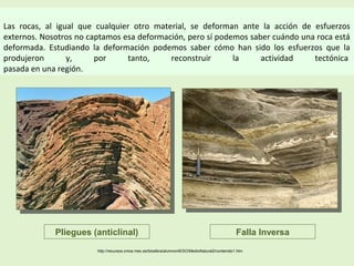 Las rocas, al igual que cualquier otro material, se deforman ante la acción de esfuerzos
externos. Nosotros no captamos esa deformación, pero sí podemos saber cuándo una roca está
deformada. Estudiando la deformación podemos saber cómo han sido los esfuerzos que la
produjeron y, por tanto, reconstruir la actividad tectónica
pasada en una región.
http://recursos.cnice.mec.es/biosfera/alumno/4ESO/MedioNatural2/contenido1.htm
Pliegues (anticlinal) Falla Inversa
 