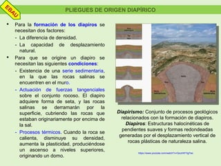  Para la formación de los diapiros se
necesitan dos factores:
­ La diferencia de densidad.
­ La capacidad de desplazamiento
natural.
 Para que se origine un diapiro se
necesitan las siguientes condiciones:
­ Existencia de una serie sedimentaria,
en la que las rocas salinas se
encuentren en el muro.
­ Actuación de fuerzas tangenciales
sobre el conjunto rocoso. El diapiro
adquiere forma de seta, y las rocas
salinas se derramarán por la
superficie, cubriendo las rocas que
estaban originariamente por encima de
la sal.
­ Procesos térmicos. Cuando la roca se
calienta, disminuye su densidad,
aumenta la plasticidad, produciéndose
un ascenso a niveles superiores,
originando un domo.
PLIEGUES DE ORIGEN DIAPÍRICO
Diapirismo: Conjunto de procesos geológicos
relacionados con la formación de diapiros.
Diapiros: Estructuras halocinéticas de
pendientes suaves y formas redondeadas
generadas por el desplazamiento vertical de
rocas plásticas de naturaleza salina.
https://www.youtube.com/watch?v=QzuhWYlg7wc
EBAU
 