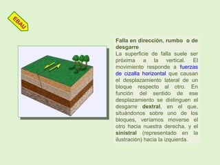 Falla en dirección, rumbo o de
desgarre
La superficie de falla suele ser
próxima a la vertical. El
movimiento responde a fuerzas
de cizalla horizontal que causan
el desplazamiento lateral de un
bloque respecto al otro. En
función del sentido de ese
desplazamiento se distinguen el
desgarre dextral, en el que,
situándonos sobre uno de los
bloques, veríamos moverse el
otro hacia nuestra derecha, y el
sinistral (representado en la
ilustración) hacia la izquierda.
EBAU
 