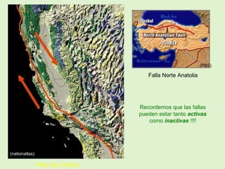 Falla San Andres
(nationatlas)
(PBS)
Falla Norte Anatolia
Recordemos que las fallas
pueden estar tanto activas
como inactivas !!!!
 
