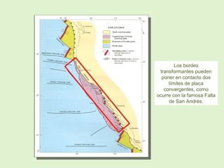 Los bordes
transformantes pueden
poner en contacto dos
límites de placa
convergentes, como
ocurre con la famosa Falla
de San Andrés.
 