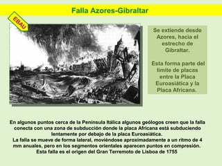 Falla Azores-Gibraltar
En algunos puntos cerca de la Península Itálica algunos geólogos creen que la falla
conecta con una zona de subducción donde la placa Africana está subduciendo
lentamente por debajo de la placa Euroasiática.
La falla se mueve de forma lateral, moviéndose aproximadamente a un ritmo de 4
mm anuales, pero en los segmentos orientales aparecen puntos en compresión.
Esta falla es el origen del Gran Terremoto de Lisboa de 1755
Se extiende desde
Azores, hacia el
estrecho de
Gibraltar.
Esta forma parte del
límite de placas
entre la Placa
Euroasiática y la
Placa Africana.
EBAU
 
