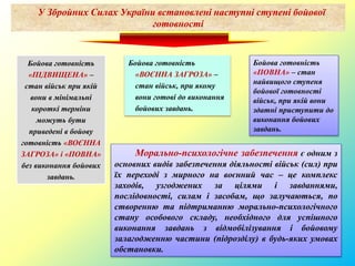 У Збройних Силах України встановлені наступні ступені бойової
готовності
Бойова готовність
«ПІДВИЩЕНА» –
стан військ при якій
вони в мінімальні
короткі терміни
можуть бути
приведені в бойову
готовність «ВОЄННА
ЗАГРОЗА» і «ПОВНА»
без виконання бойових
завдань.
Бойова готовність
«ВОЄННА ЗАГРОЗА» –
стан військ, при якому
вони готові до виконання
бойових завдань.
Бойова готовність
«ПОВНА» – стан
найвищого ступеня
бойової готовності
військ, при якій вони
здатні приступити до
виконання бойових
завдань.
Морально-психологічне забезпечення є одним з
основних видів забезпечення діяльності військ (сил) при
їх переході з мирного на воєнний час – це комплекс
заходів, узгоджених за цілями і завданнями,
послідовності, силам і засобам, що залучаються, по
створенню та підтриманню морально-психологічного
стану особового складу, необхідного для успішного
виконання завдань з відмобілізування і бойовому
залагодженню частини (підрозділу) в будь-яких умовах
обстановки.
 