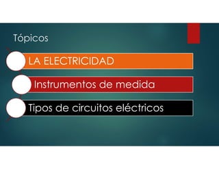 Tópicos
LA ELECTRICIDAD
Instrumentos de medida
Tipos de circuitos eléctricos
 