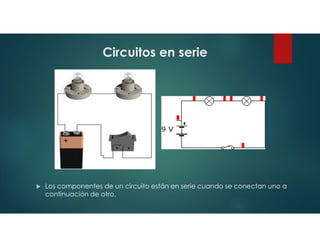 Circuitos en serie
Los componentes de un circuito están en serie cuando se conectan uno a
continuación de otro.