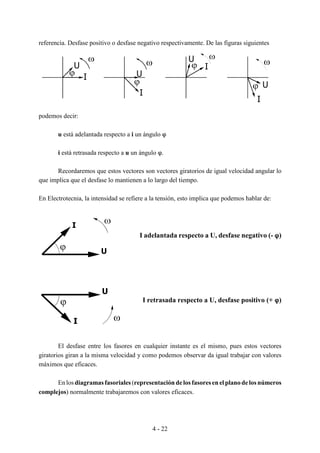 4 - 22
ω
I
U
ϕ
ϕ
ϕ
ϕ
U
U
U
I
I
I
ω ω
I
U
ϕ
I
U
ϕ
ω
referencia. Desfase positivo o desfase negativo respectivamente. De las figuras siguientes
podemos decir:
u está adelantada respecto a i un ángulo n
i está retrasada respecto a u un ángulo n.
Recordaremos que estos vectores son vectores giratorios de igual velocidad angular lo
que implica que el desfase lo mantienen a lo largo del tiempo.
En Electrotecnia, la intensidad se refiere a la tensión, esto implica que podemos hablar de:
I adelantada respecto a U, desfase negativo (- nnnn)
I retrasada respecto a U, desfase positivo (+ nnnn)
El desfase entre los fasores en cualquier instante es el mismo, pues estos vectores
giratorios giran a la misma velocidad y como podemos observar da igual trabajar con valores
máximos que eficaces.
En los diagramas fasoriales (representación delos fasores en el plano delos números
complejos) normalmente trabajaremos con valores eficaces.
 