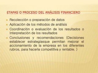 ETAPAS O PROCESO DEL ANÁLISIS FINANCIERO
 Recolección o preparación de datos
 Aplicación de los métodos de análisis
 Coordinación o evaluación de los resultados o
Interpretación de los resultados
 Conclusiones y recomendaciones (Decisiones
establecer estrategiasque permitan mejorar el
accionamiento de la empresa en los diferentes
rubros, para hacerla competitiva y rentable. )
 