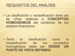 REQUISITOS DEL ANALISIS
 La clasificación y reclasificación debe ser
de cifras relativas a CONCEPTOS
HOMOGENEOS del contenido de los
estados financieros.
 Tanto la clasificación como la
reclasificación de los conceptos
homogéneos debe ser DESDE UN
PUNTO DE VISTA DEFINIDO.
 