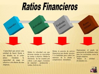 Capacidad que posee una
entidad de hacer frente a
sus deudas en el corto
plazo. Estudian la
capacidad de pago en
efectivo o de dinero de una
empresa .
Miden la velocidad con que
diversas cuentas se convierten
en ventas o efectivo. Miden la
eficiencia de las cuentas por
cobrar y por pagar ,Consumo
de material , producción ,
ventas, Activos etc..
Miden la porción de activos
financieros por deuda terceros
Y la habilidad para cubrir los
intereses de la deuda y
compromisos inmediatos.
Representan el grado de
generación de utilidades tanto
para los accionistas como la
propia empresa.
Miden la utilidad ,
dividendos etc..
 