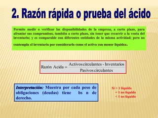 Permite medir o verificar las disponibilidades de la empresa, a corto plazo, para
afrontar sus compromisos, también a corto plazo, sin tener que recurrir a la venta del
inventario; y es comparable con diferentes entidades de la misma actividad; pero no
contempla el inventario por considerarlo como el activo con menor liquidez.
s
circulante
Pasivos
s
Inventario
-
s
circulante
Activos
Acida
Razón 
Interpretación: Muestra por cada peso de
obligaciones (deudas) tiene bs n de
derecho.
Si > 1 líquido
= 1 no líquido
< 1 no líquido
 