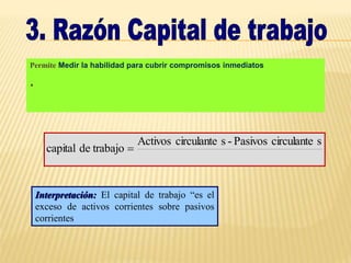Permite Medir la habilidad para cubrir compromisos inmediatos
.
s
circulante
Pasivos
-
s
circulante
Activos
trabajo
de
capital 
Interpretación: El capital de trabajo “es el
exceso de activos corrientes sobre pasivos
corrientes
 