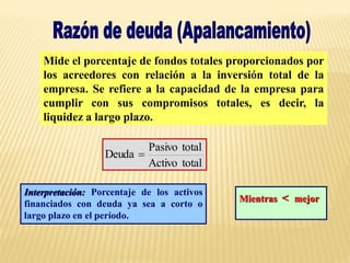 total
Activo
total
Pasivo
Deuda 
Mide el porcentaje de fondos totales proporcionados por
los acreedores con relación a la inversión total de la
empresa. Se refiere a la capacidad de la empresa para
cumplir con sus compromisos totales, es decir, la
liquidez a largo plazo.
Interpretación: Porcentaje de los activos
financiados con deuda ya sea a corto o
largo plazo en el período.
Mientras < mejor
 