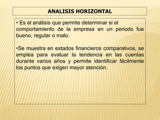 ANALISIS HORIZONTAL
• Es el análisis que permite determinar si el
comportamiento de la empresa en un periodo fue
bueno, regular o malo.
•Se muestra en estados financieros comparativos, se
emplea para evaluar la tendencia en las cuentas
durante varios años y permite identificar fácilmente
los puntos que exigen mayor atención.
 