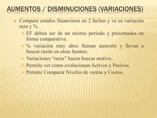 AUMENTOS / DISMINUCIONES (VARIACIONES)
 Compara estados financieros en 2 fechas y ve su variación
neta y %.
 EF deben ser de un mismo periodo y presentados en
forma comparativa.
 % variación muy altos llaman atención y llevan a
buscar razón en otras fuentes.
 Variaciones “raras” hacen buscar motivo.
 Permite ver como evolucionan Activos y Pasivos.
 Permite Comparar Niveles de ventas y Costos.
 