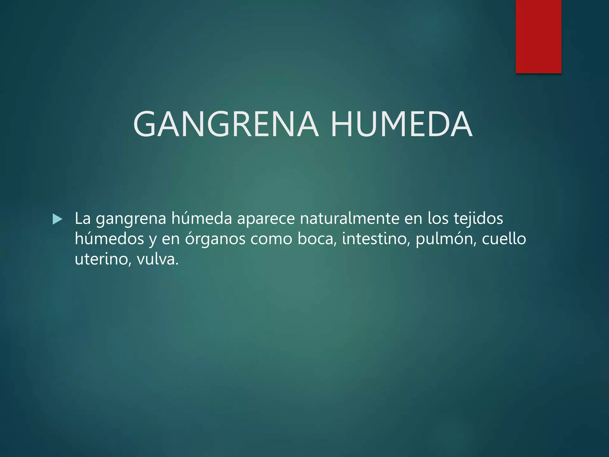 GANGRENA HUMEDA
 La gangrena húmeda aparece naturalmente en los tejidos
húmedos y en órganos como boca, intestino, pulmón, cuello
uterino, vulva.
 