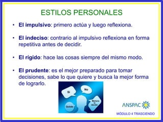 MÓDULO 4 TRASCIENDO
ESTILOS PERSONALES
• El impulsivo: primero actúa y luego reflexiona.
• El indeciso: contrario al impulsivo reflexiona en forma
repetitiva antes de decidir.
• El rígido: hace las cosas siempre del mismo modo.
• El prudente: es el mejor preparado para tomar
decisiones, sabe lo que quiere y busca la mejor forma
de lograrlo.
 