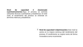 Nivel de capacidad 4 (Gestionado
cuantitativamente): Aquí, el proceso se controla
utilizando técnicas cuantitativas y estadísticas. En este
nivel, el rendimiento del proceso se entiende en
términos métricos y estadísticos
 Nivel de capacidad 5 (Optimización): Este nivel se
centra en la mejora continua del rendimiento del
proceso. El rendimiento se mejora tanto de forma
innovadora como incremental.
 