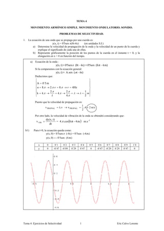 TEMA 4

           MOVIMIENTO ARMÓNICO SIMPLE. MOVIMIENTO ONDULATORIO. SONIDO.

                                             PROBLEMAS DE SELECTIVIDAD.

1.     La ecuación de una onda que se propaga por una cuerda es:
                             y(x, t) = 0'5sen (8t-4x)     (en unidades S.I.)
           a) Determine la velocidad de propagación de la onda y la velocidad de un punto de la cuerda y
               explique el significado de cada una de ellas.
           b) Represente gráficamente la posición de los puntos de la cuerda en el instante t = 0, y la
               elongación en x = 0 en función del tiempo.

           a)    Ecuación de la onda :

                 Si la comparamos con la ecuación general:

                 Deducimos que:



                  ω             . .
                                .                 .


                 Puesto que la velocidad de propagación es:
                                                           1
                          v PROPAG     λ.ν      PROPAG       4          2 m/s
                                                           2

                 Por otro lado, la velocidad de vibración de la onda se obtendrá considerando que:
                           dy(x, t)
                  v vibr            = 4. .cos 8 t - 4 x            m.s -1
                             dt

     b1)        Para t=0, la ecuación queda como:
                            y(x, 0) = 0'5sen (-4x) = 0'5sen (-4 x)
                           y(x, 0)     - 0'5sen (4 x)

                    x       0         0´1      0´2     0´3      0´4     0´5      0´6     0´7     0´8    0´9   1´0
                    y       0        -0´47    -0´89   0´29     0´47      0      -0´47   -0´29   0´29   0´47    0




Tema 4: Ejercicios de Selectividad                             1                                 Eric Calvo Lorente
 