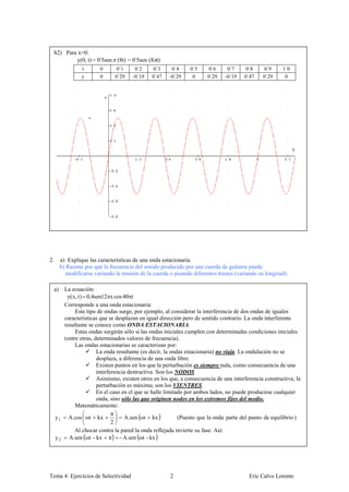 b2) Para x=0:
             y(0, t) = 0'5sen (8t) = 0'5sen (8 t)
                   t       0       0´1     0´2     0´3     0´4     0´5     0´6     0´7     0´8      0´9    1´0
                   y       0      0´29    -0´19   0´47    -0´29     0     0´29    -0´19   0´47     0´29     0




                                                                                                                 t




2.        a) Explique las características de una onda estacionaria.
          b) Razone por qué la frecuencia del sonido producido por una cuerda de guitarra puede
             modificarse variando la tensión de la cuerda o pisando diferentes trastes (variando su longitud).

     a)     La ecuación:
             y( x, t ) 0,4sen12 x cos 40 t
            Corresponde a una onda estacionaria:
                 Este tipo de ondas surge, por ejemplo, al considerar la interferencia de dos ondas de iguales
            características que se desplazan en igual dirección pero de sentido contrario. La onda interferente
            resultante se conoce como ONDA ESTACIONARIA.
                 Estas ondas surgirán sólo si las ondas iniciales cumplen con determinadas condiciones iniciales
            (entre otras, determinados valores de frecuencia).
                 Las ondas estacionarias se caracterizan por:
                           La onda resultante (es decir, la ondas estacionaria) no viaja. La ondulación no se
                           desplaza, a diferencia de una onda libre.
                           Existen puntos en los que la perturbación es siempre nula, como consecuencia de una
                           interferencia destructiva. Son los NODOS
                           Asimismo, existen otros en los que, a consecuencia de una interferencia constructiva, la
                           perturbación es máxima; son los VIENTRES.
                           En el caso en el que se halle limitado por ambos lados, no puede producirse cualquier
                           onda, sino sólo las que originen nodos en los extremos fijos del medio.
                 Matemáticamente:
                                  π
     y1       A.cos ωt kx              A.sen ωt kx             (Puesto que la onda parte del punto de equilibrio )
                                  2
                 Al chocar contra la pared la onda reflejada invierte su fase. Así:
     y2       A.sen ωt - kx π - A.sen ωt - kx




Tema 4: Ejercicios de Selectividad                        2                                 Eric Calvo Lorente
 