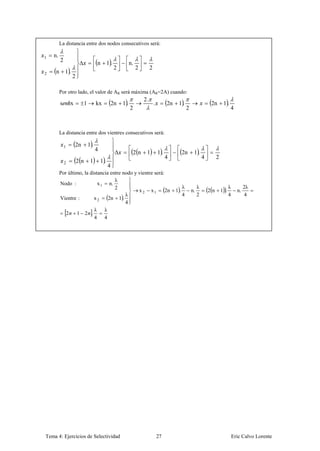La distancia entre dos nodos consecutivos será:

1   n.
         2
                                    n        1.            n.
                                                  2             2        2
2    n       1.
                  2

         Por otro lado, el valor de AR será máxima (AR=2A) cuando:
                                                                    2.
         s       x         1        kx           2n   1.                     .        2n    1.                        2n       1.
                                                           2                                        2                               4



         La distancia entre dos vientres consecutivos será:

             1       2n        1.
                                    4
                                                               2n    1           1.             2n       1.
                                                                                      4                          4        2
             2        2n       1        1.
                                             4
         Por último, la distancia entre nodo y vientre será:
                                    λ
         Nodo :             x 1 n.
                                    2                                                           λ            λ                      λ          2λ
                                               x 2 x1        2n                            1.           n.           2n       1 .         n.
                                         λ                                                      4            2                      4          4
         Vientre :        x2     2n 1 .
                                         4
                          λ λ
            2    1 2 .
                          4 4




Tema 4: Ejercicios de Selectividad                                               27                                                     Eric Calvo Lorente
 