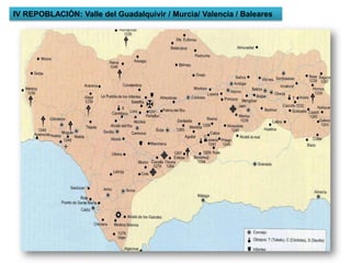 III REPOBLACIÓN: Curso alto de los ríos: Guadiana, Turia y Júcar. ( S. XIII ) A.- VALLE DEL  EBRO / ALTO TURIA / JUCARPag  71 / 72Texto  3/4/5/8 1.3.- LA REPOBLACION DEL VALLE DEL EBRO:Zona de prolongado enfrentamiento con los almorávides / almohades hasta la Batalla de las Navas . Se les entregaron enormes extensiones de tierra. Esto facilitó la implantación  de la ganadería como fuente de riqueza.Dos Modalidades:1.- ZONAS DE  VALLE Y LLANURA: Zona de Zaragoza Tudela, Tortosa, próxima al rio: LOS REPARTIMENTOS. Una vez conquistada una ciudad, los conquistadores se quedaban con las casas de los núcleos urbanos  y se obligaba a los musulmanes o bien a exiliarse o bien a ocupar los arrabales.2.- ZONAS DE MONTAÑA: al sur del Ebro, en las zonas montañosas de Teruel Calatayud, Darocaetcla repoblación se realizó a partir de las condiciones señaladas en las CARTAS PUEBLA O ciudades con leyes especiales llamados FUEROS