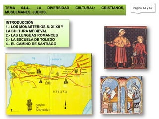 TEMA  04.4.-  LA    DIVERSIDAD    CULTURAL:   CRISTIANOS,   Pagina 68 y 69
MUSULMANES, JUDIOS.

INTRODUCCIÓN
1.- LOS MONASTERIOS S. XI-XII Y
LA CULTURA MEDIEVAL
2.- LAS LENGUAS ROMANCES
3.- LA ESCUELA DE TOLEDO
4.- EL CAMINO DE SANTIAGO
 