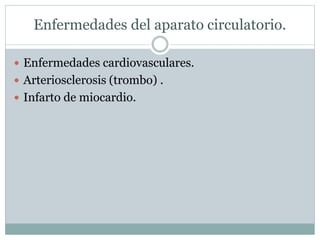 Enfermedades del aparato circulatorio.
 Enfermedades cardiovasculares.
 Arteriosclerosis (trombo) .
 Infarto de miocardio.
 