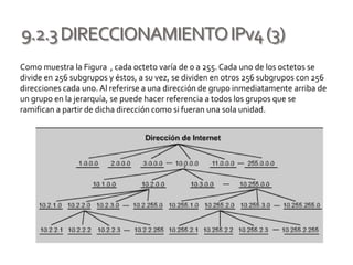 9.2.3DIRECCIONAMIENTOIPv4(3)
Como muestra la Figura , cada octeto varía de 0 a 255. Cada uno de los octetos se
divide en 256 subgrupos y éstos, a su vez, se dividen en otros 256 subgrupos con 256
direcciones cada uno. Al referirse a una dirección de grupo inmediatamente arriba de
un grupo en la jerarquía, se puede hacer referencia a todos los grupos que se
ramifican a partir de dicha dirección como si fueran una sola unidad.
 