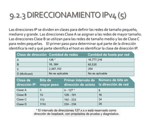 9.2.3DIRECCIONAMIENTOIPv4(5)
Las direcciones IP se dividen en clases para definir las redes de tamaño pequeño,
mediano y grande. Las direcciones Clase A se asignan a las redes de mayor tamaño.
Las direcciones Clase B se utilizan para las redes de tamaño medio y las de Clase C
para redes pequeñas. El primer paso para determinar qué parte de la dirección
identifica la red y qué parte identifica el host es identificar la clase de dirección IP.
 
