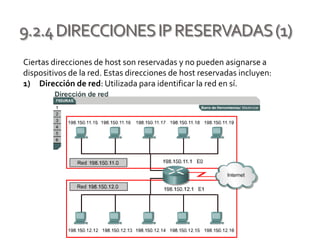 9.2.4DIRECCIONESIPRESERVADAS(1)
Ciertas direcciones de host son reservadas y no pueden asignarse a
dispositivos de la red. Estas direcciones de host reservadas incluyen:
1) Dirección de red: Utilizada para identificar la red en sí.
 