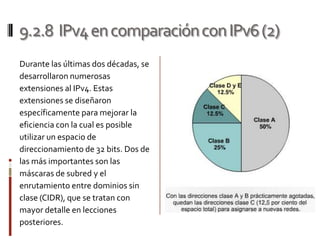 9.2.8 IPv4encomparaciónconIPv6(2)
Durante las últimas dos décadas, se
desarrollaron numerosas
extensiones al IPv4. Estas
extensiones se diseñaron
específicamente para mejorar la
eficiencia con la cual es posible
utilizar un espacio de
direccionamiento de 32 bits. Dos de
las más importantes son las
máscaras de subred y el
enrutamiento entre dominios sin
clase (CIDR), que se tratan con
mayor detalle en lecciones
posteriores.
 