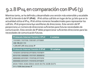 9.2.8IPv4encomparaciónconIPv6(3)
Mientras tanto, se ha definido y desarrollado una versión más extensible y escalable
del IP, laVersión 6 del IP (IPv6). IPv6 utiliza 128 bits en lugar de los 32 bits que en la
actualidad utiliza el IPv4. IPv6 utiliza números hexadecimales para representar los
128 bits. IPv6 proporciona 640 sextillones de direcciones. Esta versión del IP
porporciona un número de direcciones suficientes para futuras necesidades de
comunicación. Esta versión de IP debe proporcionar suficientes direcciones para las
necesidades de comunicación futuras.
 