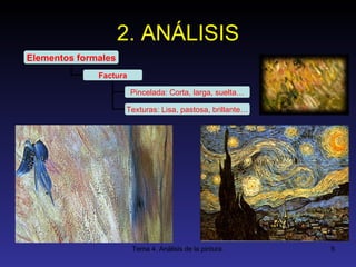 2. ANÁLISIS Elementos formales Factura Pincelada: Corta, larga, suelta… Texturas: Lisa, pastosa, brillante… 