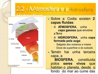 2.2.-AAtmosfera e a
Hidrosfera ● Sobre a Codia existen 2
capas fluidas:
◦ A ATMOSFERA, unha
capa gasosa que envolve
aTerra
◦ A HIDROSFERA, unha capa
formada pola auga:
• Salgada dos océanos e mares
• Doce da superficie e do subsolo
● Tamén hai unha terceira
capa, a
BIOSFERA, constituida
polos seres vivos que
habitan o planeta, desde o
fondo do mar ao cume das
 