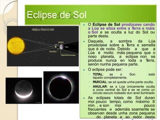 Eclipse de Sol
● O Eclipse de Sol prodúcese cando
a Lúa se sitúa entre a Terra e máis
o Sol e se oculta a luz do Sol ou
parte desta.
● Daquela, a sombra da Lúa
proxéctase sobre a Terra e semella
que é de noite. Debido a que a
Lúa é moito máis pequena que o
noso planeta, a eclipse non se
produce nunca en toda a Terra,
senón nunha pequena parte.
● O eclipse pode ser:
◦ TOTAL: se o Son está
tapado completamente.
◦ PARCIAL: se só queda unha parte oculta.
◦ ANULAR: se a Lúa únicamente oculta
a zona central do Sol e se ve como un
circulo escuro rodeado dun anel iluminado
● As eclipses totais de Sol duran
moi pouco tempo, como máximo 8
min. , e son moi pouco
frecuentes e ademáis soamente se
observan desde unha zona pequena
do planeta e ao redor desta
 
