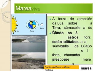 Marea
viv
a
● Á forza de atracción
da Lúa sobre a
Terra, súmaselle a do
Sol.● Cando os 3
astros
están aliñados, a
forz
a
So
l
de atracción
dosúmaselle
á
prodúcese
da Lúa,
e
unha
mare
a
marea
forte,
viva.
chamad
a
Cantís de Dover – Gran
Bretaña
 