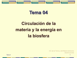 Tema 04
Circulación de la
materia y la energía en
la biosfera
CC de la Tierra y del Medio Ambiente
David Leunda
1Tema 4
 